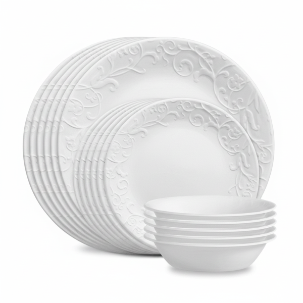 18‑Piece Bella Faenza Embossed White Dinnerware Set, Service for 6, Includes 10.25" Dinner Plates, 8.5" Salad Plates, 18 oz Soup & Cereal Bowls