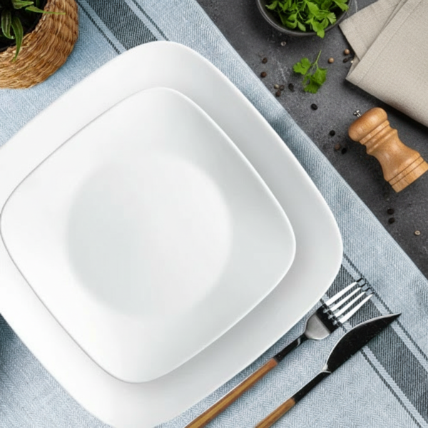 12-Piece White Square Tempered Glass Dinnerware Set – Service for 4 – Durable, Shatter-Resistant Plates and Bowls for Home Use