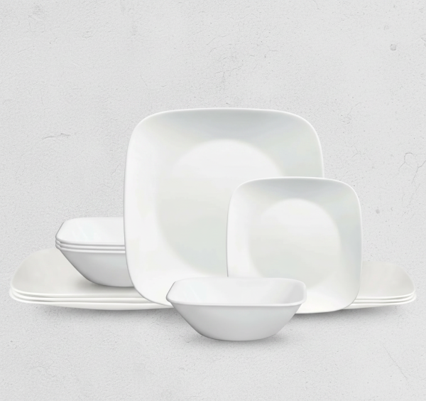 12-Piece White Square Tempered Glass Dinnerware Set – Service for 4 – Durable, Shatter-Resistant Plates and Bowls for Home Use