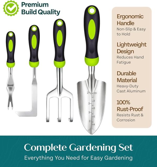 Heavy Duty Gardening Tools - Gardening Gifts for Women, Men, Mom, Dad - Durable, Ergonomic Garden Tools Set (Green with Potting Mat)