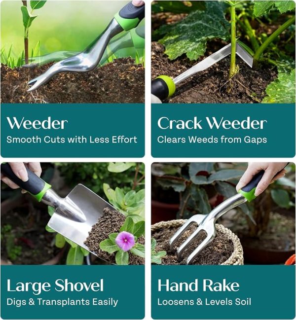Heavy Duty Gardening Tools - Gardening Gifts for Women, Men, Mom, Dad - Durable, Ergonomic Garden Tools Set (Green with Potting Mat)