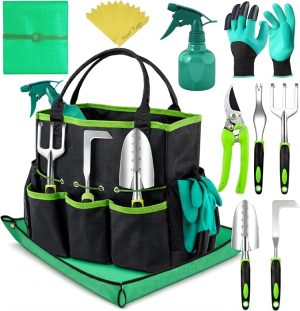 Heavy Duty Gardening Tools - Gardening Gifts for Women, Men, Mom, Dad - Durable, Ergonomic Garden Tools Set (Green with Potting Mat)